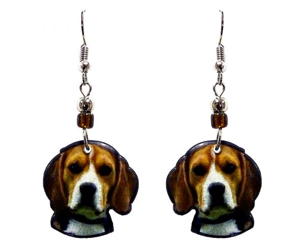 Beagle dog face acrylic dangle earrings with beaded metal hooks in brown, white, and black color combination.