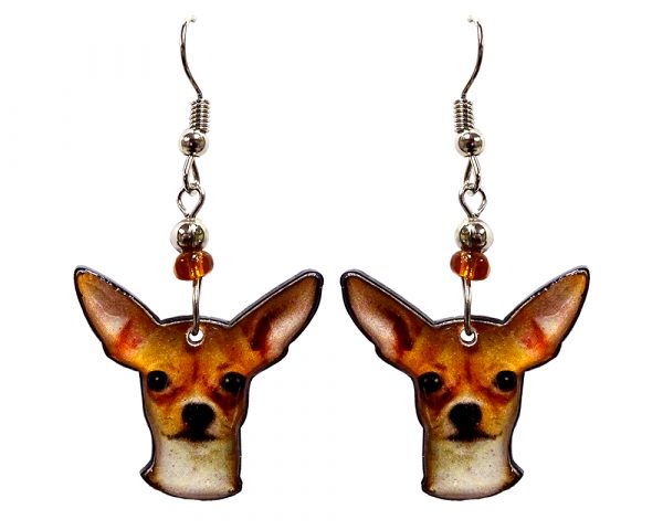 Chihuahua dog face acrylic dangle earrings with beaded metal hooks in golden, tan, beige and black color combination.