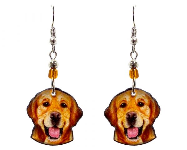 Golden Retriever dog face acrylic dangle earrings with beaded metal hooks in golden brown, tan, beige, black, and pink color combination.
