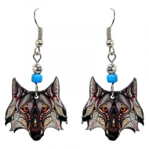 Tribal pattern wolf face acrylic dangle earrings with beaded metal hooks in gray, tan, brown, beige, and black color combination.