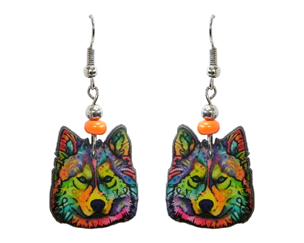 Art pattern wolf face acrylic dangle earrings with beaded metal hooks in rainbow multicolored color combination.