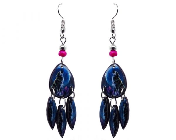 Teardrop-shaped howling wolf graphic acrylic earrings with long matching dangles and beaded metal hooks in blue, black, and gray color combination.