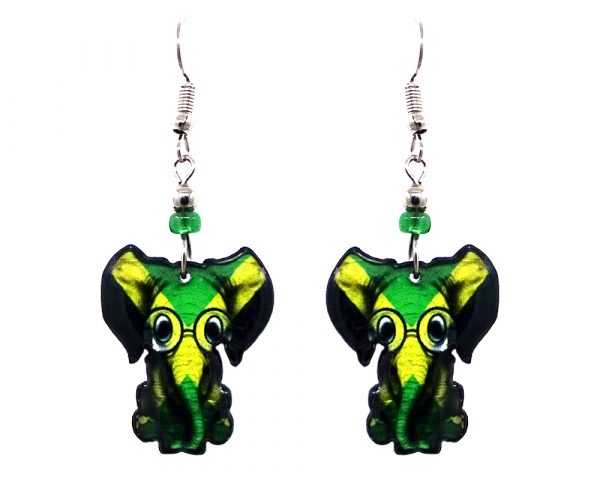 Nerd elephant acrylic dangle earrings with beaded metal hooks in Jamaican flag colors.
