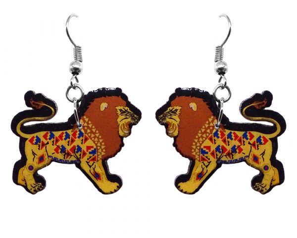Tribal pattern lion acrylic dangle earrings with beaded metal hooks in golden, brown, tan, red, and blue color combination.