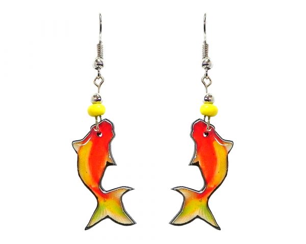 Koi fish acrylic dangle earrings with beaded metal hooks in orange and yellow color combination.