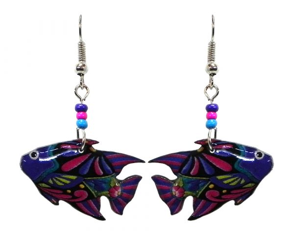 Geometric floral pattern fish acrylic dangle earrings with beaded metal hooks in purple, blue, pink, lime green, and black color combination.