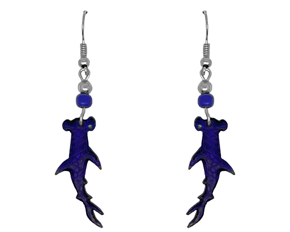 Hammerhead shark acrylic dangle earrings with beaded metal hooks in blue and black color combination.
