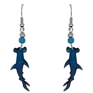 Hammerhead shark acrylic dangle earrings with beaded metal hooks in turquoise, blue, teal and black color combination.
