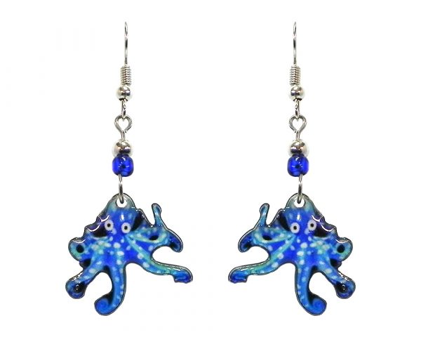 Spotted octopus acrylic dangle earrings with beaded metal hooks in light blue, turquoise, blue, and white color combination.