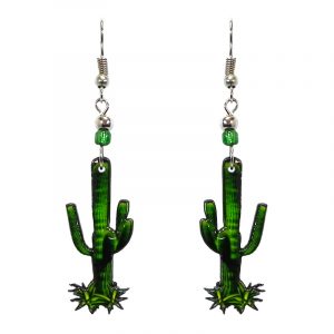Saguaro cactus acrylic dangle earrings with beaded metal hooks in lime green and dark green color combination.