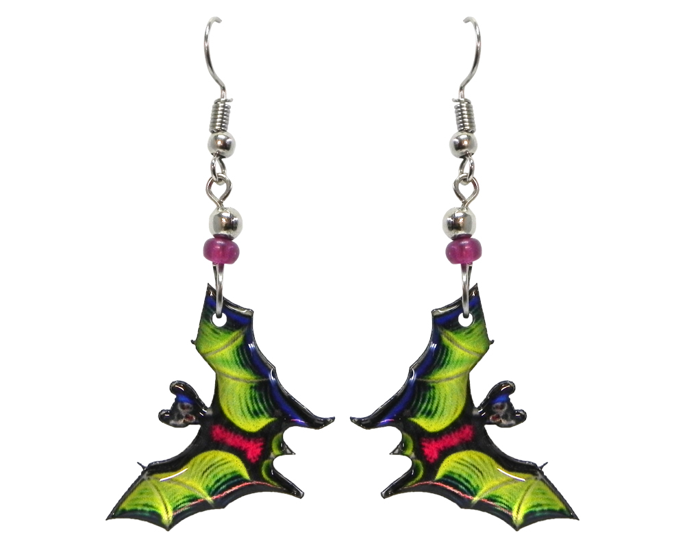 Halloween themed bat acrylic dangle earrings with beaded metal hooks in lime green.