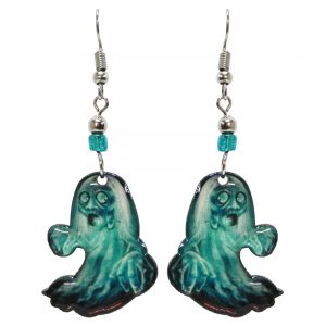 Halloween themed ghost acrylic dangle earrings with beaded metal hooks in light blue.