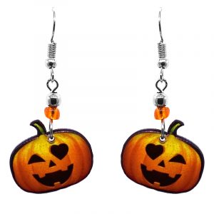 Halloween themed Jack O' Lantern pumpkin acrylic dangle earrings with beaded metal hooks in orange and black.