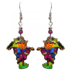 Halloween themed scarecrow acrylic dangle earrings with beaded metal hooks in orange, purple, blue, and green.