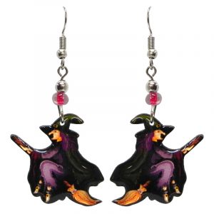 Halloween themed flying witch acrylic dangle earrings with beaded metal hooks in purple, black, and beige.