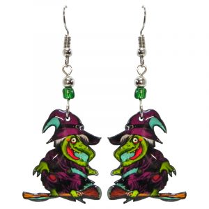 Halloween themed flying witch acrylic dangle earrings with beaded metal hooks in lime green, purple, and brown.