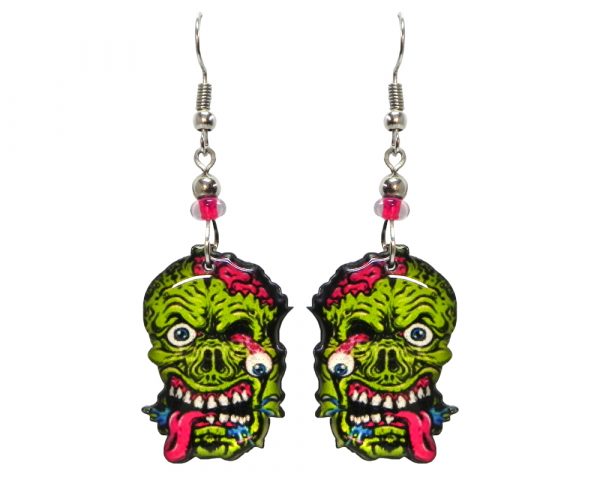Halloween themed zombie face acrylic dangle earrings with beaded metal hooks in lime green, hot pink, black and white.