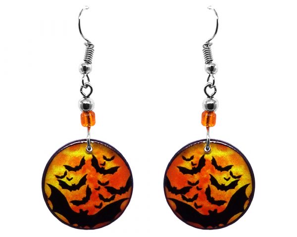 Round-shaped Halloween themed bat graphic acrylic dangle earrings with beaded metal hooks in orange and black.