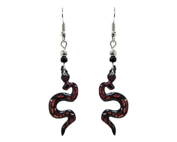 Snake acrylic dangle earrings with beaded metal hooks in brown, dark orange, and black color combination.