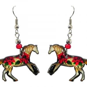 Floral pattern horse acrylic dangle earrings with beaded metal hooks in beige, red, tan, and green color combination.