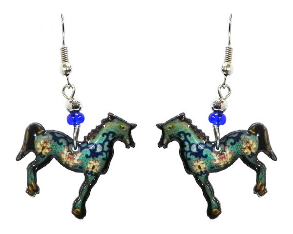 Floral pattern horse acrylic dangle earrings with beaded metal hooks in turquoise mint, blue, peach and beige color combination.
