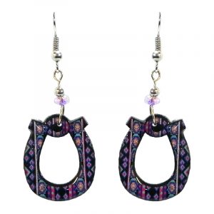 Tribal pattern horseshoe acrylic dangle earrings with beaded metal hooks in blue, navy blue, turquoise, and hot pink color combination.