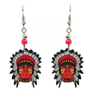 Native American indian face acrylic dangle earrings with beaded metal hooks in red, tan, yellow, blue, green, black, and white color combination.