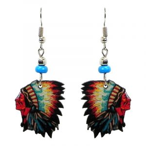 Native American Indian face acrylic dangle earrings with beaded metal hooks in turquoise blue, tan, red, yellow, black, and white color combination.