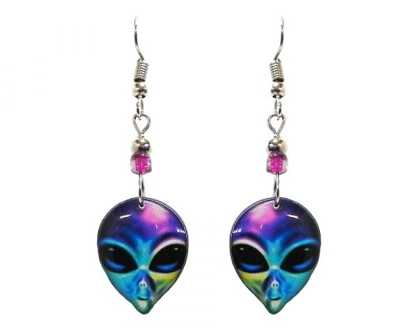 Alien face acrylic dangle earrings with beaded metal hooks in purple, turquoise blue, lime green, and black color combination.