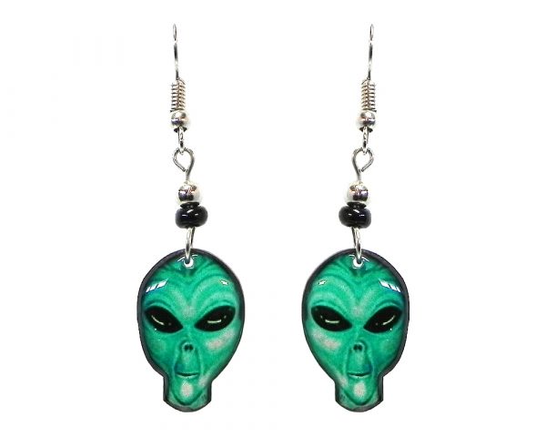 Alien face acrylic dangle earrings with beaded metal hooks in teal green, mint, and black color combination.
