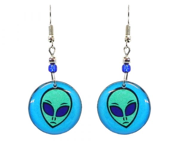 Round-shaped alien face acrylic dangle earrings with beaded metal hooks in aqua, turquoise, and blue color combination.