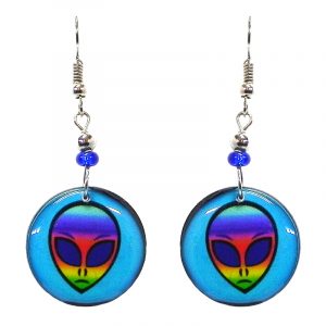 Round-shaped rainbow alien face acrylic dangle earrings with beaded metal hooks in turquoise blue and multicolored color combination.