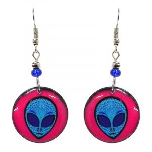 Round-shaped psychedelic alien face acrylic dangle earrings with beaded metal hooks in hot pink, light blue, and blue color combination.