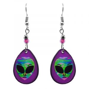 Teardrop-shaped trippy alien face acrylic dangle earrings with beaded metal hooks in purple, lime green, pink, and turquoise color combination.