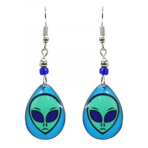 Teardrop-shaped alien face acrylic dangle earrings with beaded metal hooks in aqua, turquoise, and blue color combination.