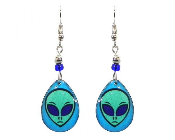 Teardrop-shaped alien face acrylic dangle earrings with beaded metal hooks in aqua, turquoise, and blue color combination.
