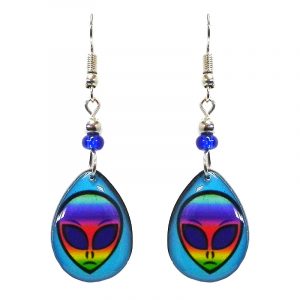 Teardrop-shaped rainbow alien face acrylic dangle earrings with beaded metal hooks in turquoise blue and multicolored color combination.