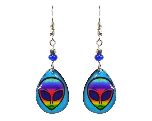 Teardrop-shaped rainbow alien face acrylic dangle earrings with beaded metal hooks in turquoise blue and multicolored color combination.