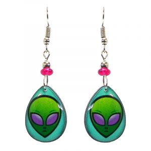 Teardrop-shaped alien face acrylic dangle earrings with beaded metal hooks in turquoise mint, lime green, and purple color combination.
