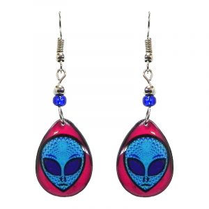 Teardrop-shaped psychedelic alien face acrylic dangle earrings with beaded metal hooks in hot pink, light blue, and blue color combination.