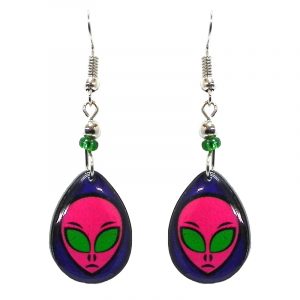 Teardrop-shaped alien face acrylic dangle earrings with beaded metal hooks in indigo, hot pink, and green color combination.