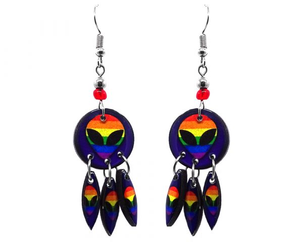 Round-shaped rainbow alien face acrylic dangle earrings with long matching dangles and beaded metal hooks in indigo and multicolored color combination.