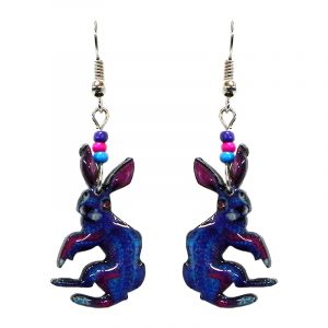 Bunny rabbit acrylic dangle earrings with beaded metal hooks in blue, turquoise, and hot pink color combination.