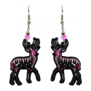 Tribal pattern deer acrylic dangle earrings with beaded metal hooks in black, pink, and hot pink color combination.