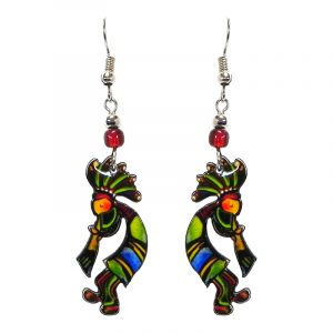 Tribal pattern Kokopelli acrylic dangle earrings with beaded metal hooks in lime green, golden yellow, and blue color combination.