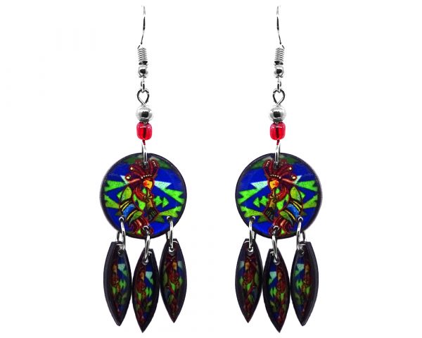 Round-shaped Kokopelli graphic acrylic earrings with long matching dangles and beaded metal hooks in blue, lime green, red, and golden color combination.