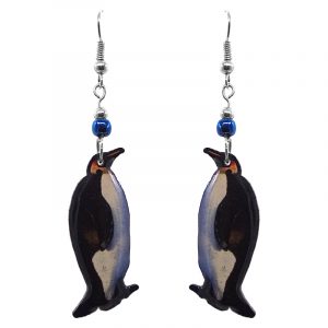 Penguin acrylic dangle earrings with beaded metal hooks in black, white, and yellow color combination.