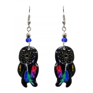 Dream catcher acrylic dangle earrings with beaded metal hooks in black and multicolored color combination.
