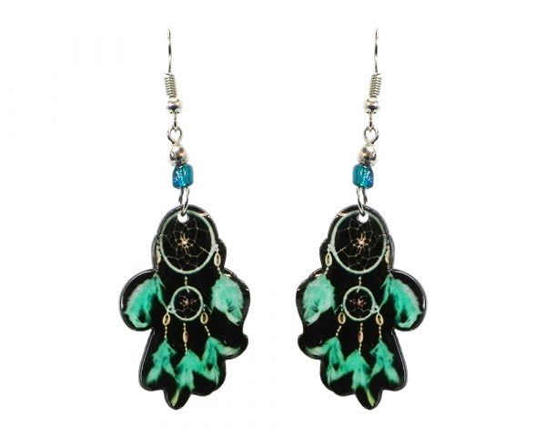 Dream catcher acrylic dangle earrings with beaded metal hooks in black, mint green, and teal color combination.