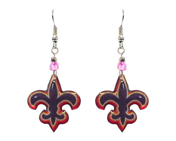 Fleur de Lis symbol acrylic dangle earrings with beaded metal hooks in purple, red, and peach color combination.